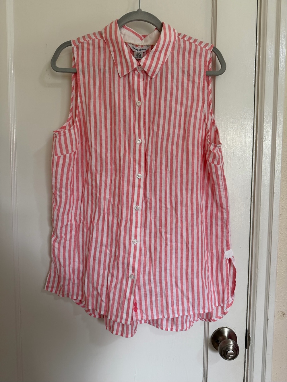 Tommy Bahama Womens L Pink White Striped 100% Linen Sleeveless Button Down Top